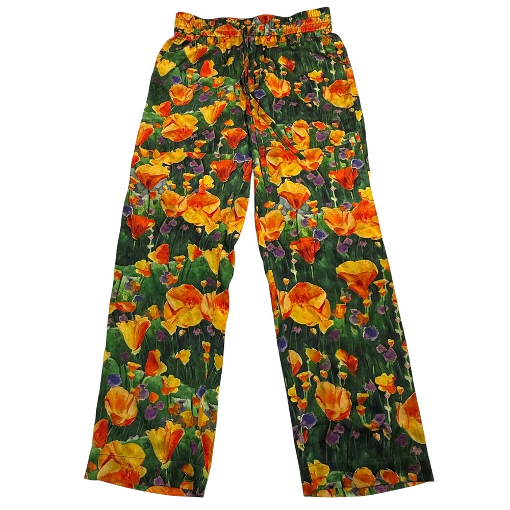 Nahmias Vibrant Poppy Floral Print Wide Leg Drawstring Pants Green Orange Yellow